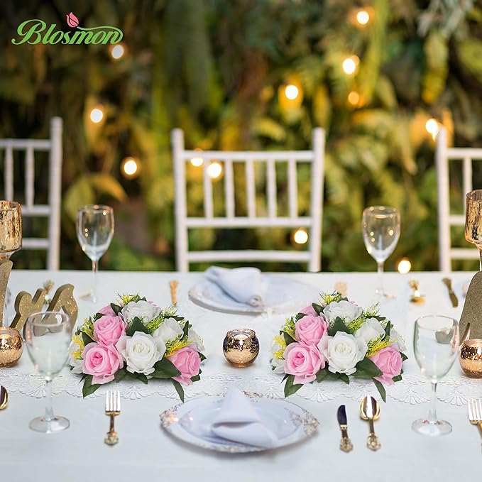 Artificial Flowers: Pink and White Silk Rose Ball Centerpieces