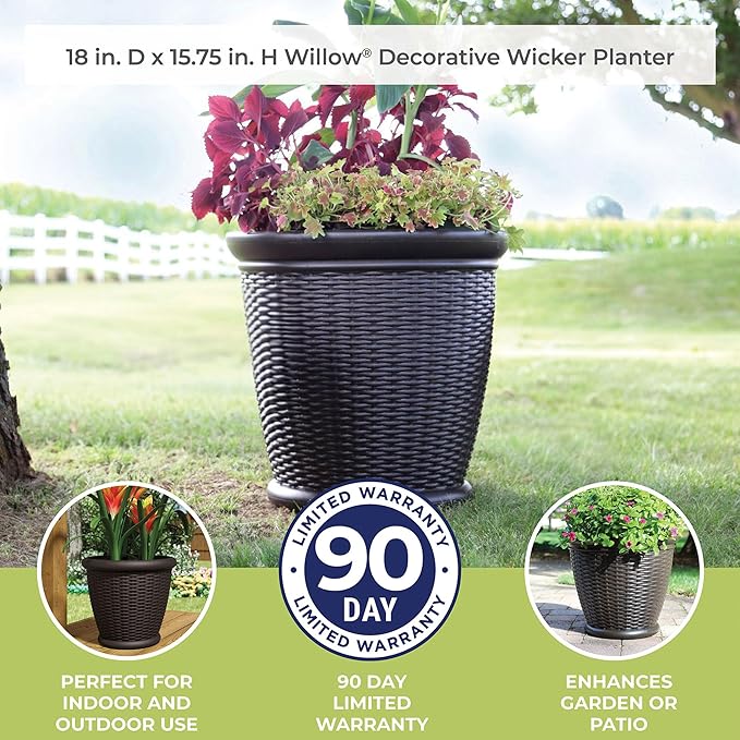 Suncast 3 Pack Wicker Planter w/Drillable Drain Holes, Decorative Indoor/Outdoor Pot, 18in, Java