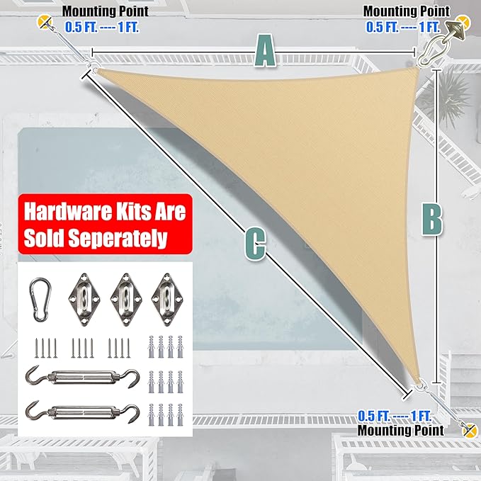 Amgo Custom Size 11' x 18' x 21.1' Beige Right Triangle Sun Shade Sail Order to Make Canopy Awning UPF50+ AGSLT, 95% UV Blockage, Water & Air Permeable, 200GSM Commercial Standard (We Customize)