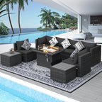 NICESOUL 9 Piece Outdoor Patio Sectional Furniture Sofa Set with Fire Pit Natural Gas Propane, 29.3'' High Back Modern Large Size Wicker Conversations with Fireplace for Backyard, Deep Seats Gray