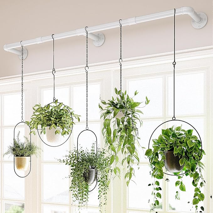 Bamworld Window Plant Hanger Indoor 63in Hanging Planters for Indoor Plants Hanging Plants Holder Hanging Rod Window Plant Shelves Wall Planters Pot/Chain/Plant Not Included (White)