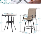 PHI VILLA 3 PCS Patio Swivel Bar Set Outdoor Furniture Bar Height Bistro Set, 2 Bar Stools and 1 Table, High Top Table and Chairs Set of 2 for Garden Porch Backyard