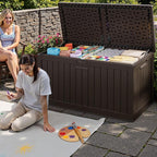 JUMMICO 250 Gallon Outdoor Resin Deck Box with Divider, Waterproof Storage Box with Lockable Lid&Side Handles for Garden Tools, Pools Supplies (Brown)