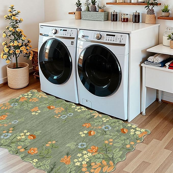 Outdoor Rug 3x5 Ft Sage Green Floral Washable Mat with Non-Slip Backing