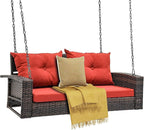 DWVO Hanging Porch Swing Chair Outdoor Wicker Rattan Patio Swing Lounge 2 Seats Cushions Capacity 530lbs for Balcony, Garden, Living Room, Brown Rattan Red Cushion