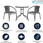 Flash Furniture 3-Piece Patio Dining Set with Round Glass Metal Table and 2 Stackable Rattan Chairs, Indoor/Outdoor Bistro Table and Chairs Set, Gray