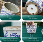 Vintage Ceramic Planter with Drainage Hole, Plastic Tray & Mesh, 5.5 Inch - Indoor/Outdoor Flower Pot, Blue Floral Rustic Farmhouse Design Plant pot for Home, Office & Garden Décor, Ideal Gift