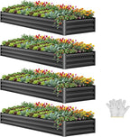 YITAHOME 4pcs 12x4x1 ft Galvanized Raised Garden Bed Kit, Large Metal Planter Box with Gloves, Safety Rubber & Support Rod, Outdoor Flower Bed for Plants Vegetables, Black