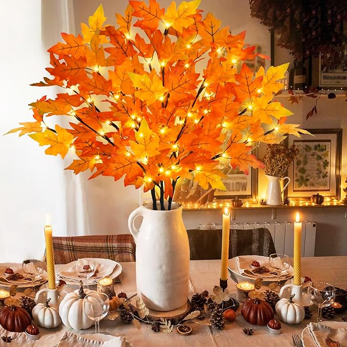 Artificial Maple Leaves Branches, 3-Pack 30-Inch Orange LED Lighted Stems