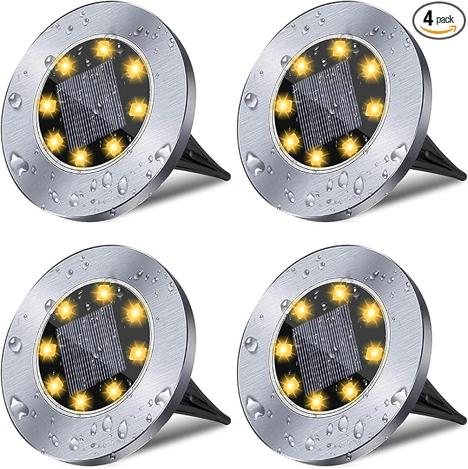 Solar Ground Lights, Waterproof Solar Garden Lights, Upgraded Outdoor Garden Waterproof Bright in-Ground Lights, Landscape Lights for Pathway,Yard,Deck,Lawn,Patio,Walkway (4 Pack Warm Light)
