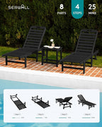 SERWALL Outdoor Chaise Lounge Set of 8, HDPE Pool Lounge Chairs with 5-Position Adjustable Backrest, Patio Loungers with Rolling Wheels & Cup Holder for Pool Sunbathing, Black