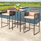VINGLI 3 PCS Patio Bar Set Wicker, Outdoor Bar Table and Bar Stools with Storage Shelf and Cushions, Bar Height Outdoor Table and Chairs Wicker Furniture