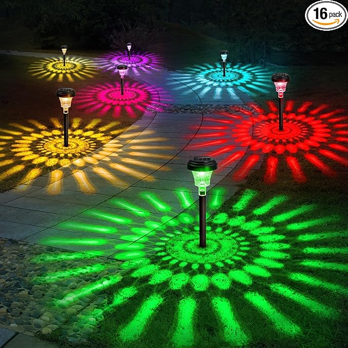 ROOR Solar Pathway Lights 16 Pack, Outdoor Solar Yard Lights, RGB Color Changing+Warm White, IP67 Waterproof LED Lights for Garden Path Backyard Christmas Lawn Landscape Decorative