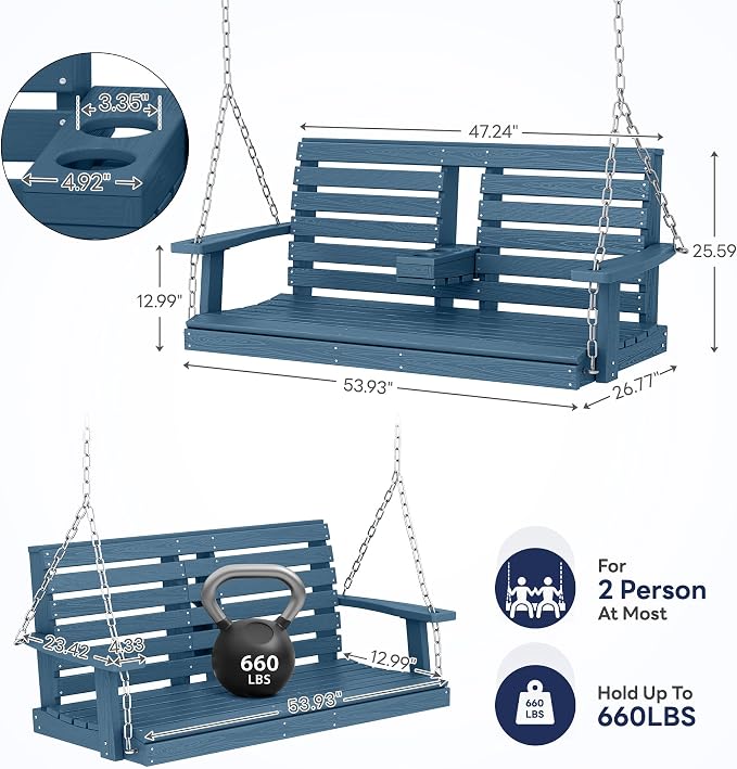 Porch Swing, 2-Seat Outdoor Patio Swing with Cup Holders, Blue