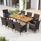 Tangkula 9 Pieces Rattan Outdoor Dining Set for 8, Outdoor Acacia Wood Table Set with 8 Cushioned Wicker Chairs, Umbrella Hole, Patio Dining Furniture Set for Deck Pool Backyard