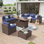 Aoxun 8-Piece Outdoor Patio Furniture Set - 44” Fire Pit Table, Durable Wicker Rattan Sectional Sofa with Coffee Table, Comfy Thickened Cushions, Blue (Waterproof Cover Included)