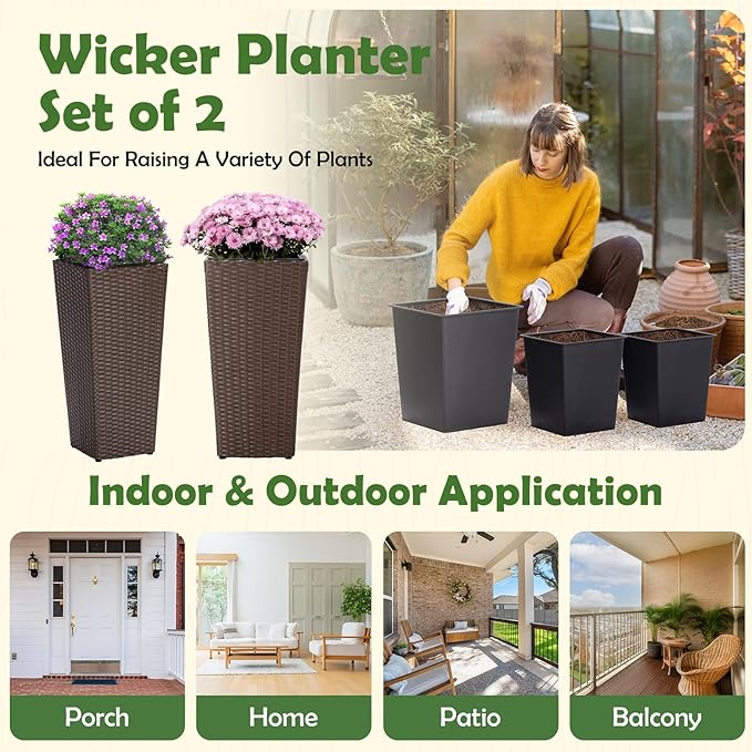 Idzo All Weather Wicker Planters for Outdoor Plants Set of 2, 24 inch Tall Planter for Front Porch, Patio, Balcony, Indoor Usage - Square Rattan Flower Pots, Mocha