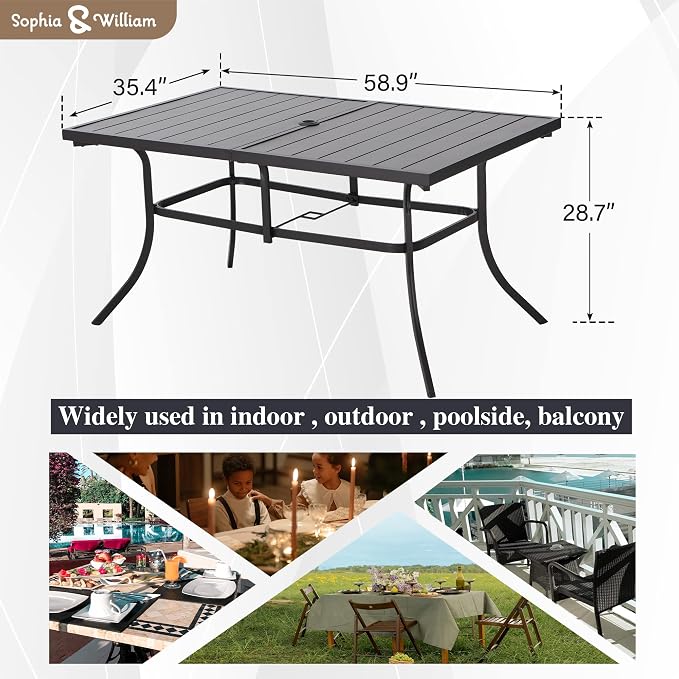Dining Table for 6, Black Steel Patio Table with Umbrella Hole