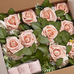 Artificial Flowers Set of 10 Pink Rose Pew Decor with Ribbon Ties