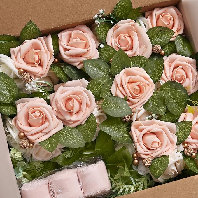 Artificial Flowers Set of 10 Pink Rose Pew Decor with Ribbon Ties