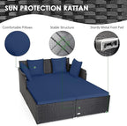 RELAX4LIFE Rattan Patio Outdoor Daybed, Wicker 2-Person Sunbed Loveseat with Soft Cushions, 4 Pillows, Curved Backrest & Armrest, Double Bed Lounger Sofa Set for Balcony Porch, Patio Bed (Navy)