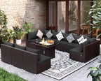 NICESOUL 11 Pcs Modern Outdoor Patio Sectional Furniture Set with Fire Pit Table, 29.3'' High Back Conversation Sets with Firepit, Cozy Large U-Shaped L-Shape Couches, Brown Rattan and Gray Cushion