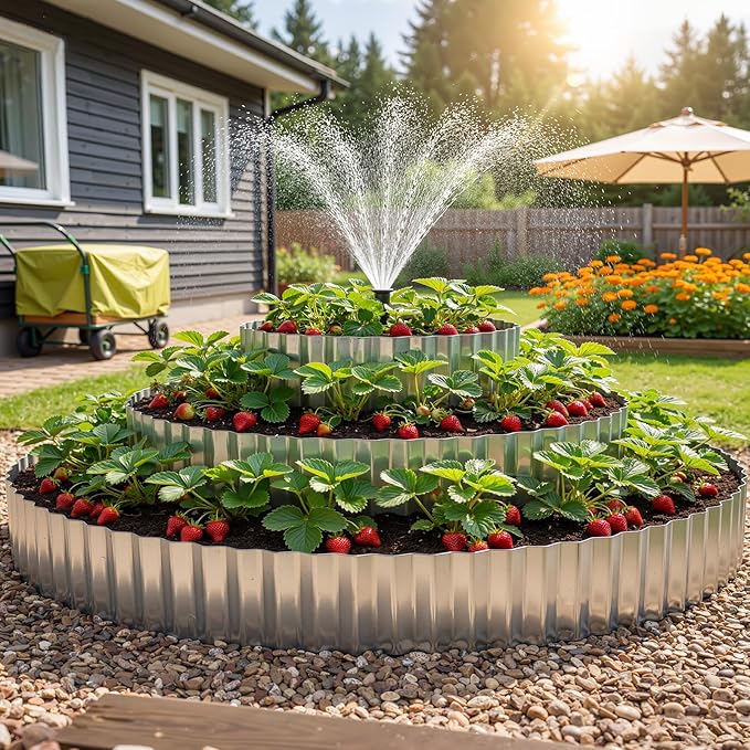 Pyramid Garden Kit, Strawberry garden Planter, 6 ft Diameter Base, Includes 3 Metal Bands, Sprinkler, Gloves, Hose, Plastic Connector for Herbs, Flowers, Ideal Gardening Gift for Yard Patio