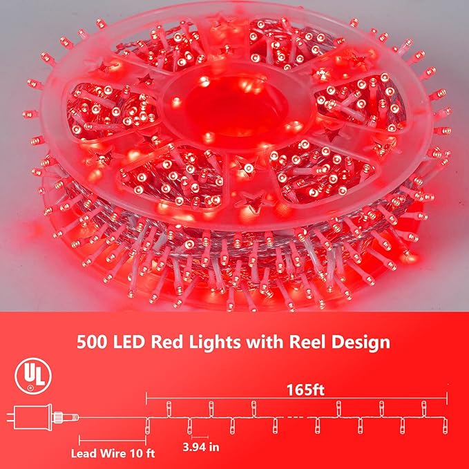 String Lights, 165 ft Red LED Outdoor Lights with 8 Modes