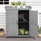Outdoor Storage Cabinet & Potting Bench Table with Metal Top, Wooden Patio Furniture, Garden Workstation (Classic Grey, 39x31.5x17in)