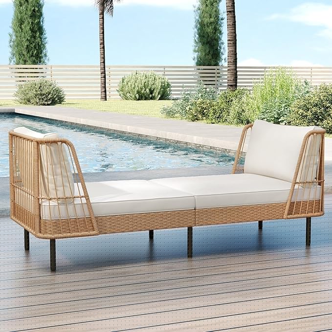 Tangkula Patio Rattan Daybed Set of 2, Boho Outdoor Wicker Lounge Sofa with Seat & Back Cushions, 2-Seat Bench Sun Lounger Chair with Robust Metal Legs for Deck, Backyard, Porch, Poolside (Off White)