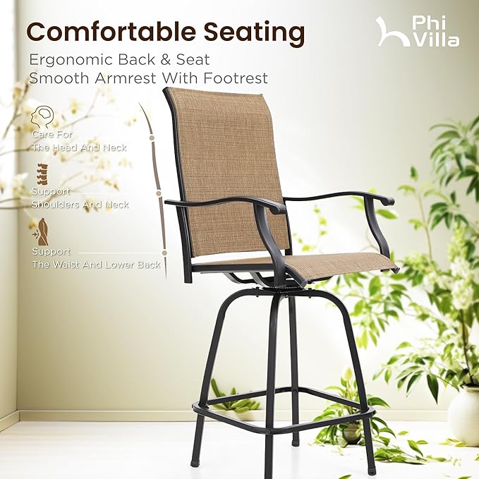 PHI VILLA Outdoor Bar Stools Set of 4, Swivel Patio Bar Stools & Chairs with 30" Seat Height & Brown Textilene Backrest, Tall Outdoor Chairs Bar Funiture for Outside, Porch and Yard
