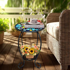 LIFFY Outdoor Side Table, 14" Round Mosaic Patio Table with Glass Butterfly Tabletop, 21" Height 2-Tier Indoor Small Decorative Plant Stand & End Table with Metal Frame for Home, Garden, Yard