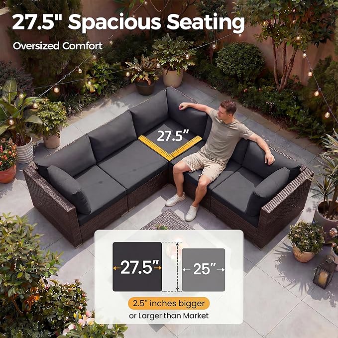 NICESOUL 11 Pcs Modern Outdoor Patio Sectional Furniture Set with Fire Pit Table, 29.3'' High Back Conversation Sets with Firepit, Cozy Large U-Shaped L-Shape Couches, Brown Rattan and Gray Cushion