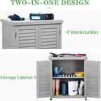 Outdoor Potting Bench with Storage Cabinet and Metal Top, Wood Workstation for Outdoor Patio, Garden (Light Grey, 31x17x36‘’)