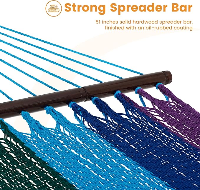 Lazy Daze Hammocks 10.5 FT Double 2 Person Caribbean Rope Hammock, Hand Woven Polyester Hammock with Spreader Bars, for Outside Outdoor Backyard Patio Poolside, 450 LBS Capacity, Rainbow