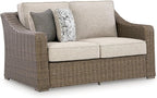 Signature Design by Ashley Carmel Bay Casual Outdoor Loveseat with Cushion, Weather Resistance and Armrest, Beige & Dark Brown
