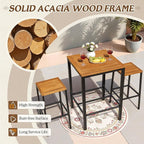 Devoko Acacia Wood Outdoor Patio Bar Set for 2, Square Counter Height Table with 2 Stools, Dining Bar Set for Garden, Deck, Pool Side, Dining Room, Kitchen, Living Room