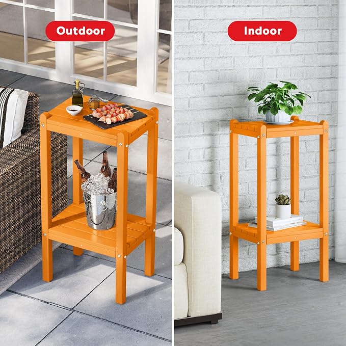 2-Tier Outdoor Side Table in Orange, HDPE, 36-Inch Height