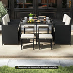 Tangkula 9 Piece Patio Dining Set, Rattan Chairs with Tempered Glass Table & Ottoman, Space Saving Wicker Sectional Conversation Set with Removable Cushions, Outdoor Furniture for Backyard Garden Deck