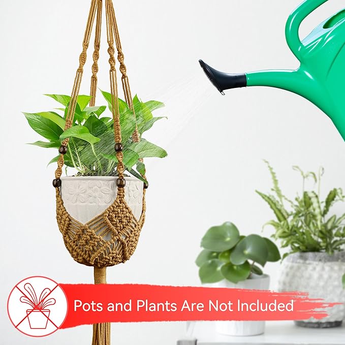 USLAI Macrame Plant Hanger Indoor Outdoor, Fits 3 to 6.5 inch Pots, Hanging Planter Holder with Beads and Tassels, Boho Home Decor, 35+35 Inch, Brown (POTS NOT Included)