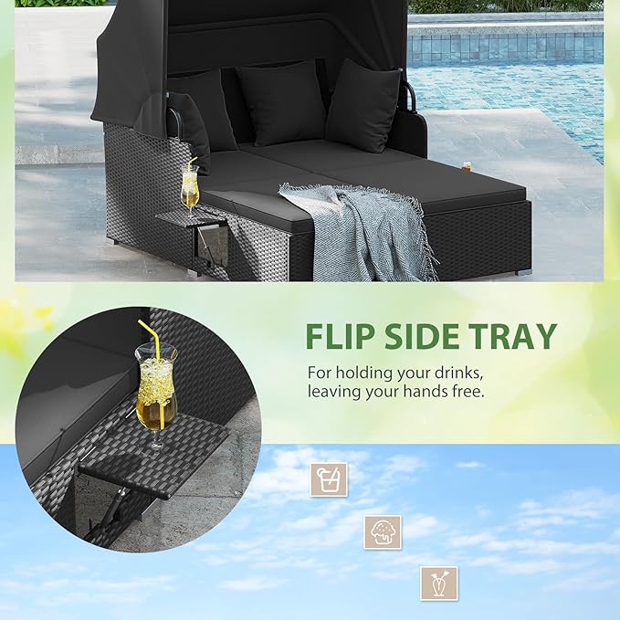 ORALNER Outdoor Daybed, 2-Person Wicker Patio Sofa with Retractable Canopy, Cushions & Pillows, 2 Side Trays, PE Rattan Double Sunbed Lounger for Deck Poolside Garden Balcony (Black)