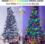 Cool White to Multicolor Color Changing 200 LED 66FT Connectable Christmas String Lights for Outdoor Indoor, 11 Modes Christmas Tree Clear Wire Fairy Waterproof Lights with Memory & Remote & Timer