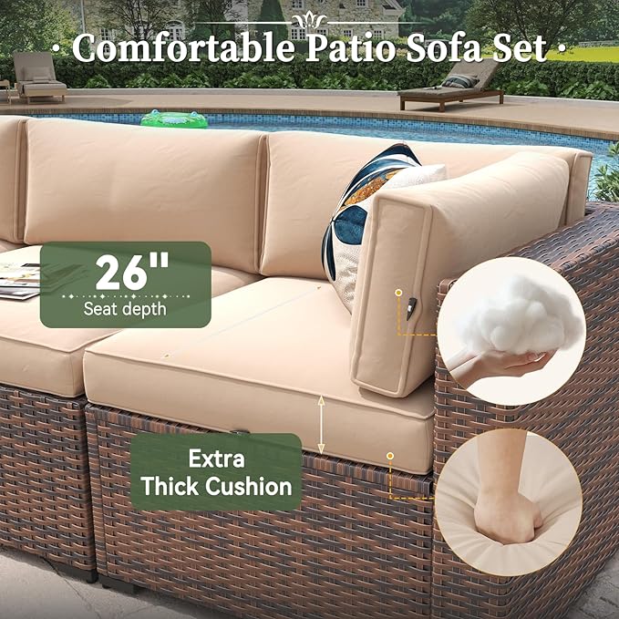 Aoxun 11 Piece Patio Furniture Set with 44” Fire Pit Table Wicker Rattan Outdoor Sectional Sofa Set with Coffee Table and Thickened Cushions, Beige (Waterproof Cover Included)