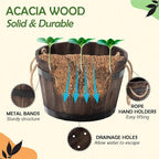 Set of 3 Wooden Flower Boxes Outdoor, Durable Acacia Wood Barrel Planters for Outdoor Plants with Ergonomic Handles, Drainage Holes, Multiple Sizes Wood Bucket Planter for Home Décor