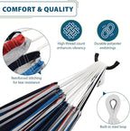 Vivere Double Cotton Hammock with Space Saving Steel Stand, Upgraded Polyester End Strings 450 lb Capacity - Premium Carry Bag Included - (Denim)
