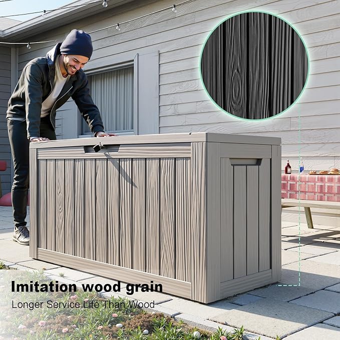 90 Gallon Outdoor Storage Box - Deck Box Container for Patio, Pool, and Garden-Waterproof and UV Resistant Resin,Lockable (Grey)