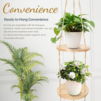 Hemp Rope Hanging Plant Shelf from Ceiling for Narrow Space Boho Hanging Plant Shelves, Natural Pine Wooden Plant Stand Display for Indoor, Outdoor, Corner, Balcony, Living Room and Bedroom