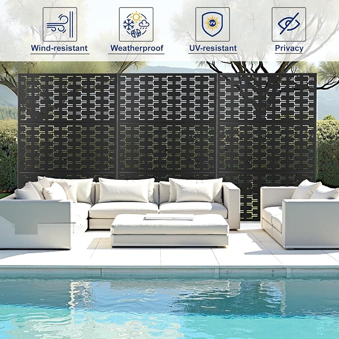 Decorative Fence Privacy Screen, Black Brick Metal, 72 x 47 Inches