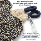 Handwoven Cotton Rope Hammock by Yellow Leaf Hammocks - Double Size, Fits 1-2 PPL, 400lb max - 100% Natural Cotton, Easy to Hang, Artisan Made - Color: Navy Blue - Off White