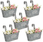 Briful 10'' Hanging Planter Outdoor 5PCS Metal Railing Planter for Herb Flower, Oval Galvanized Buckets with Detachable Hooks, Garden Fence Balcony Windowsill Hanging Pot, Grey
